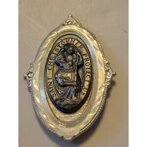Vtg Catholic St Christopher Protect Us Auto Sun Visor Metal Silver Tone Jewelry
